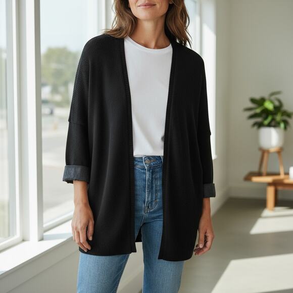 BCBG Generation Black Cardigan Faux Leather Sleeves Size Large Very Unique - Picture 1 of 5